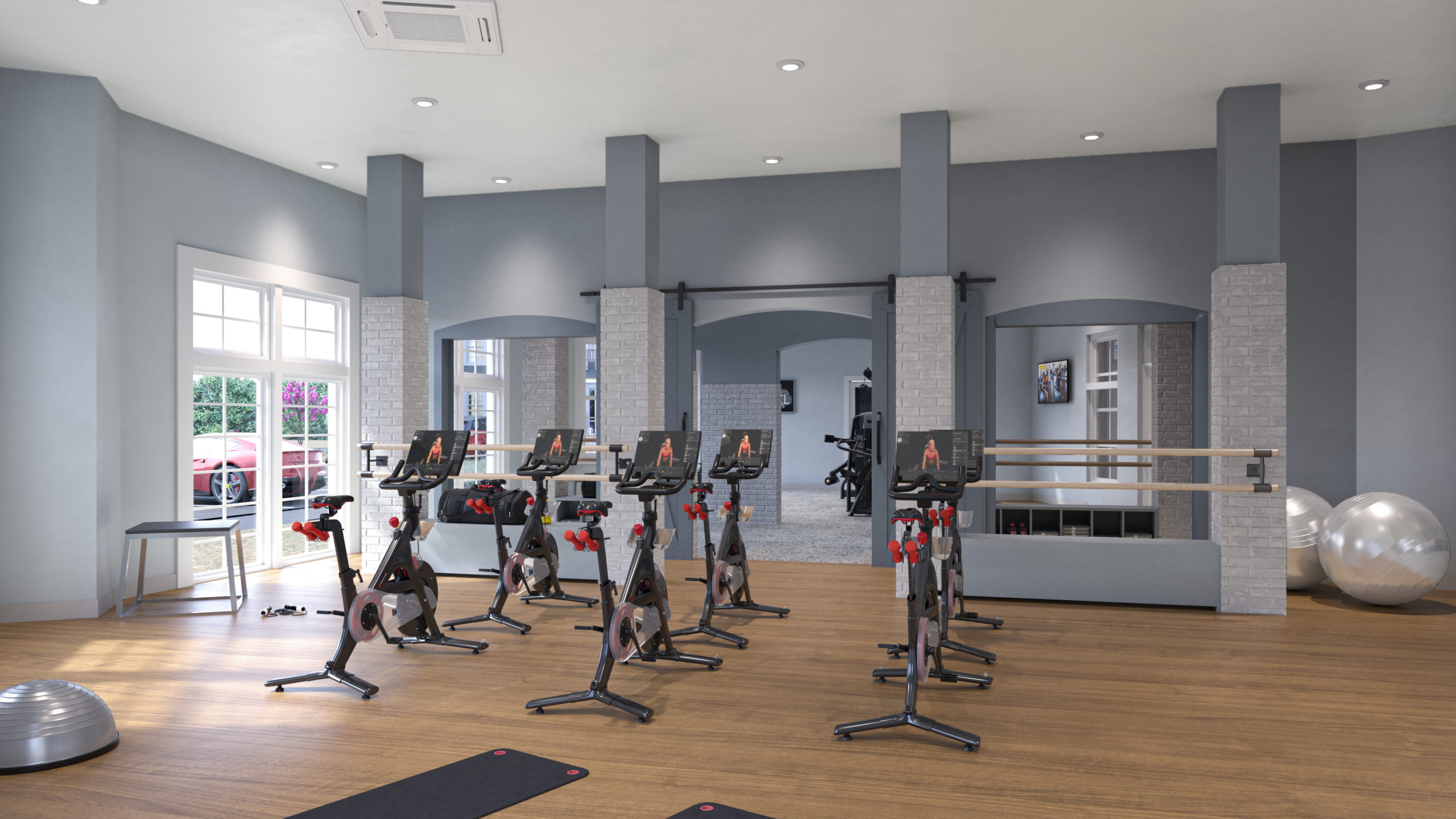 Spin bikes in the gym at The Wel Apartments in Lindenhurst, NY