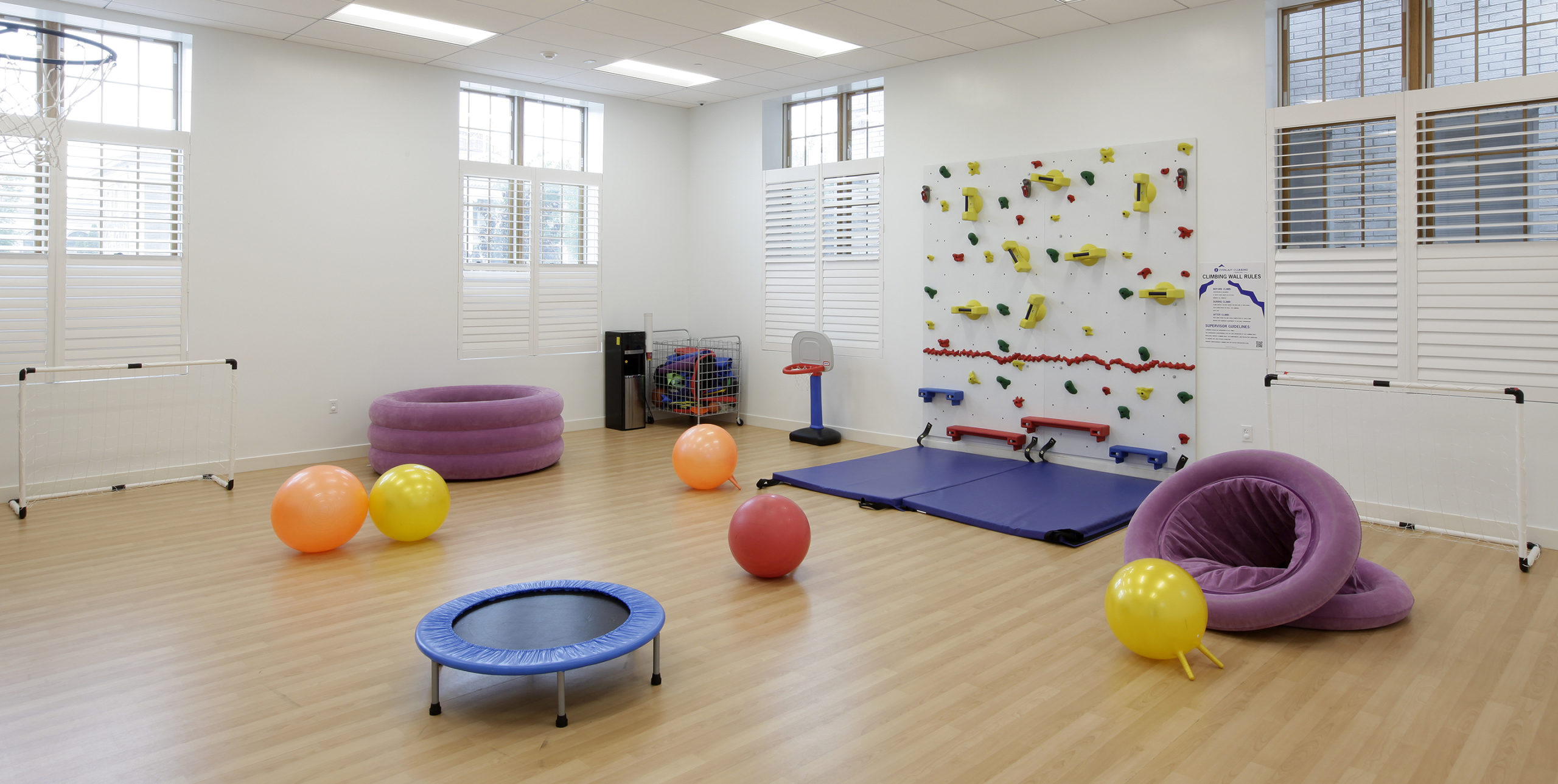 Gym area with rock climbing, basketball hoop, balls, and a trampoline at The Family Center For Autism in Garden City