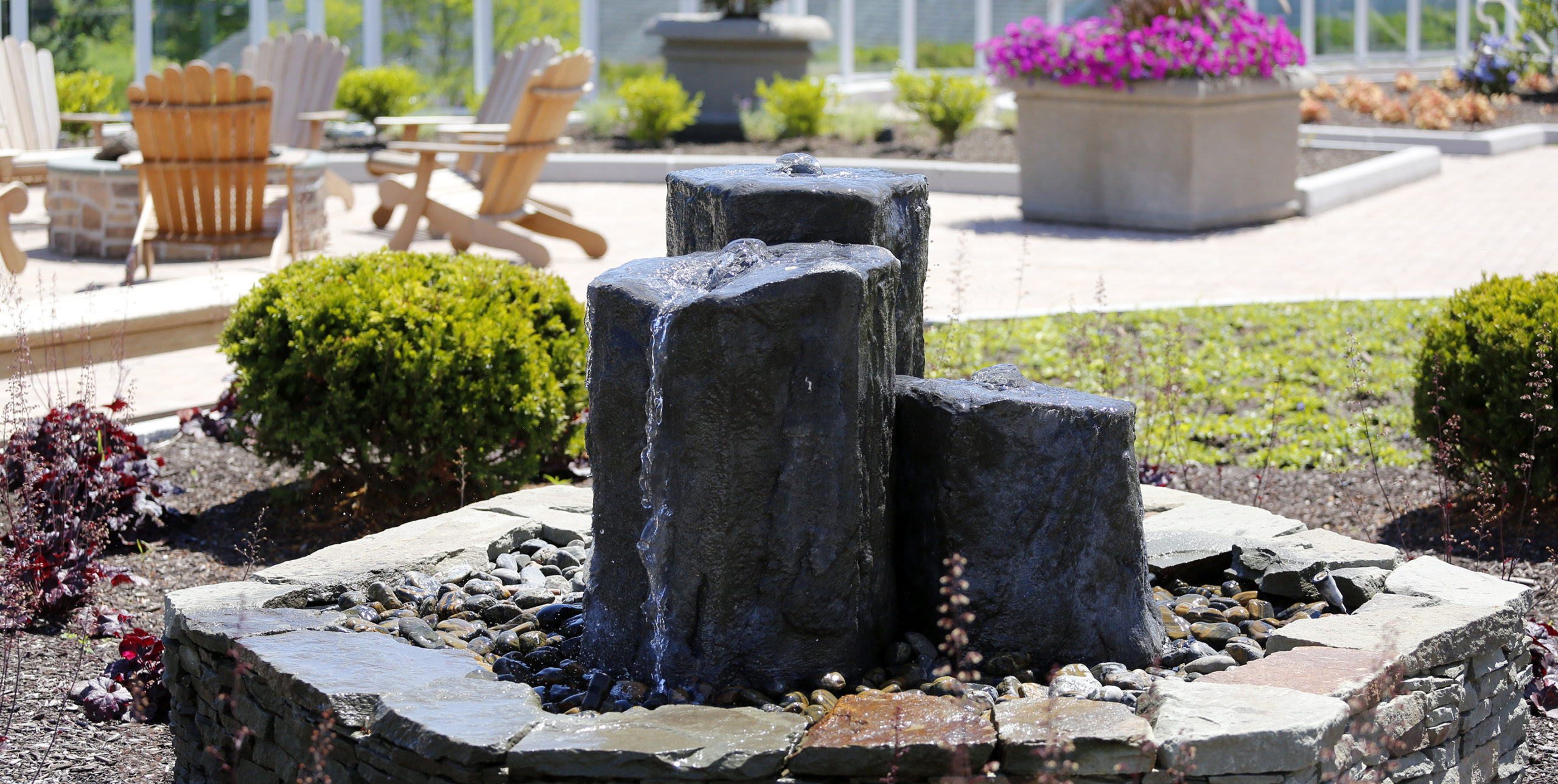 Fountain outside in the courtyard at The Shipyard at Port Jeff Harbor