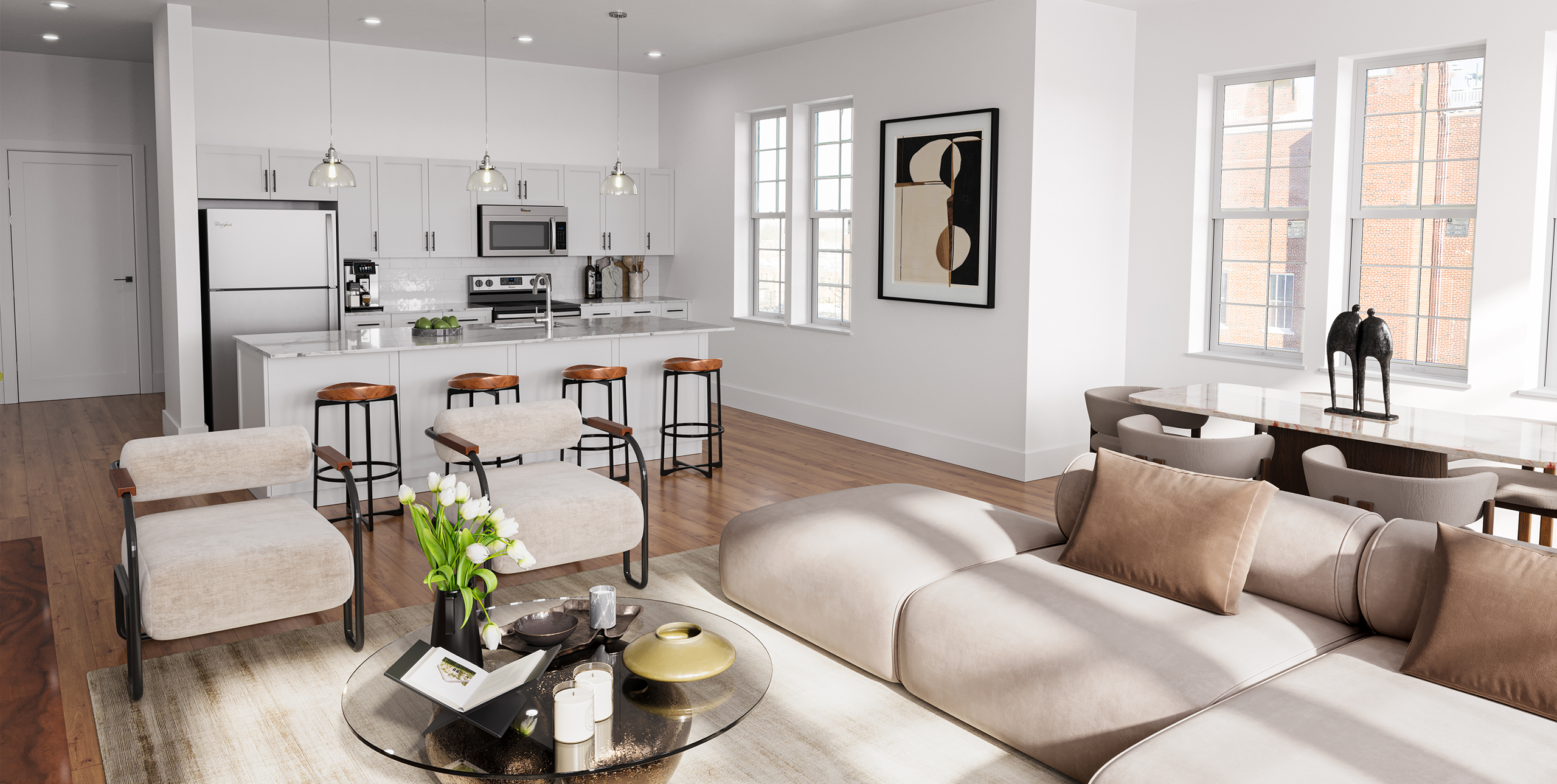 Rendering of living area in apartment at Shoregate