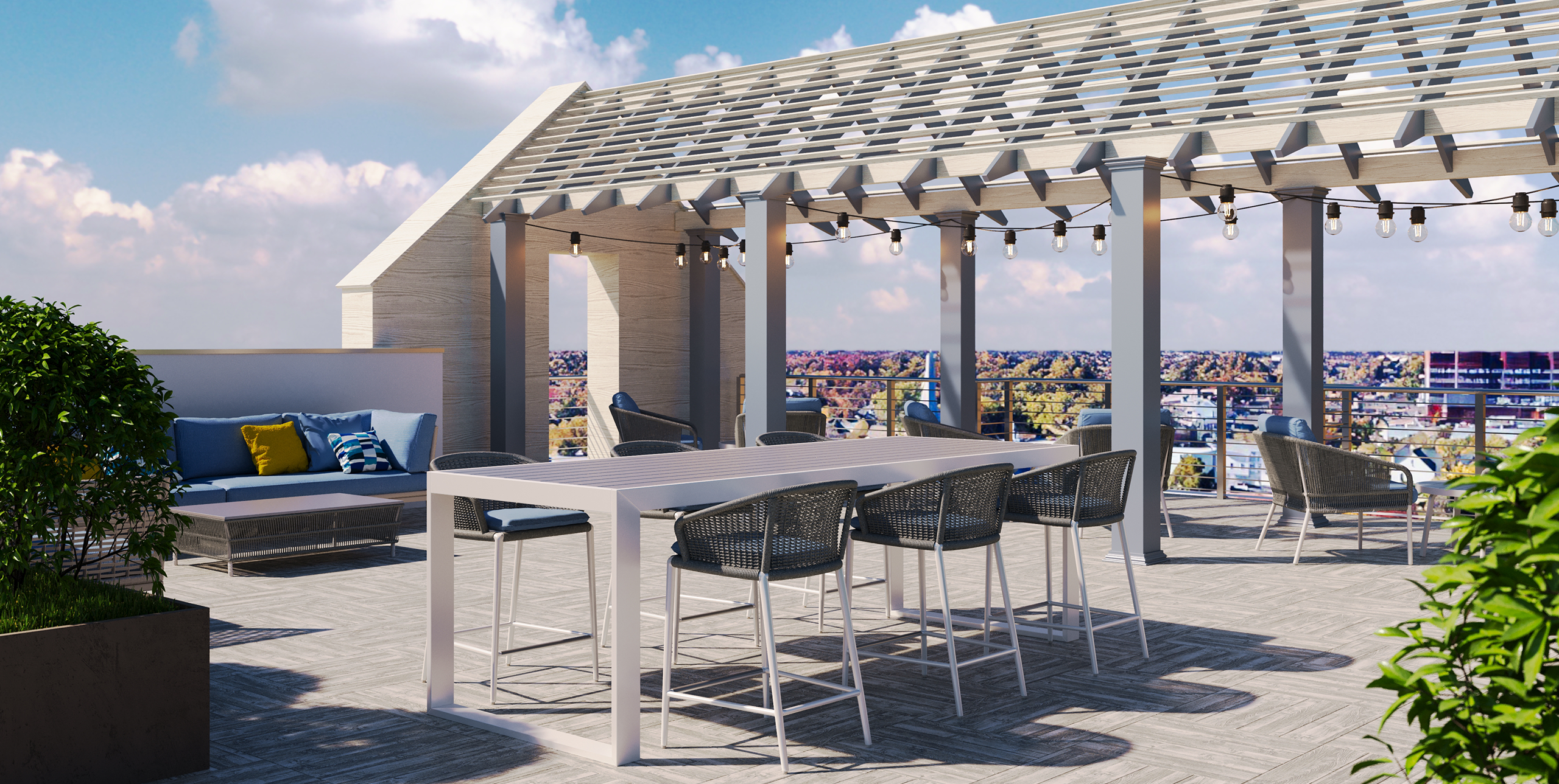 Rendering of rooftop lounge at Shoregate