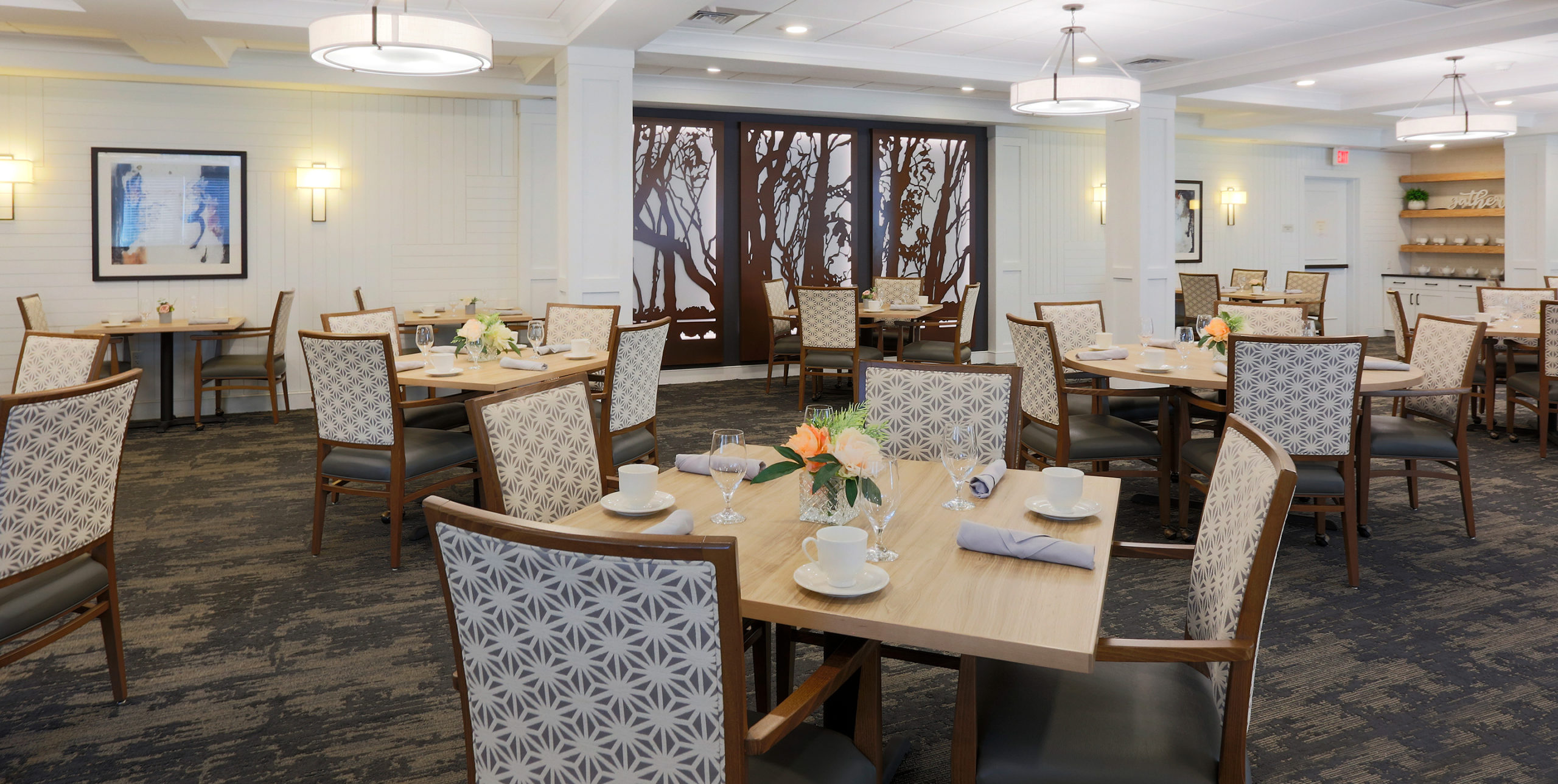 Dining room seating of four chairs to a table at Brightview Senior Living in Sayville, NY