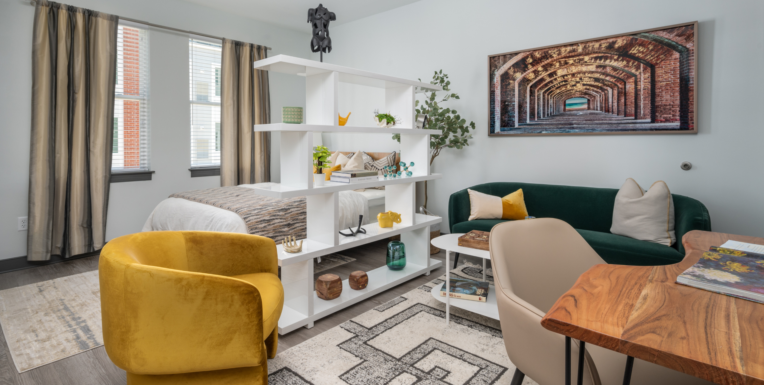 A staged studio apartment at The Core in Ronkonkoma