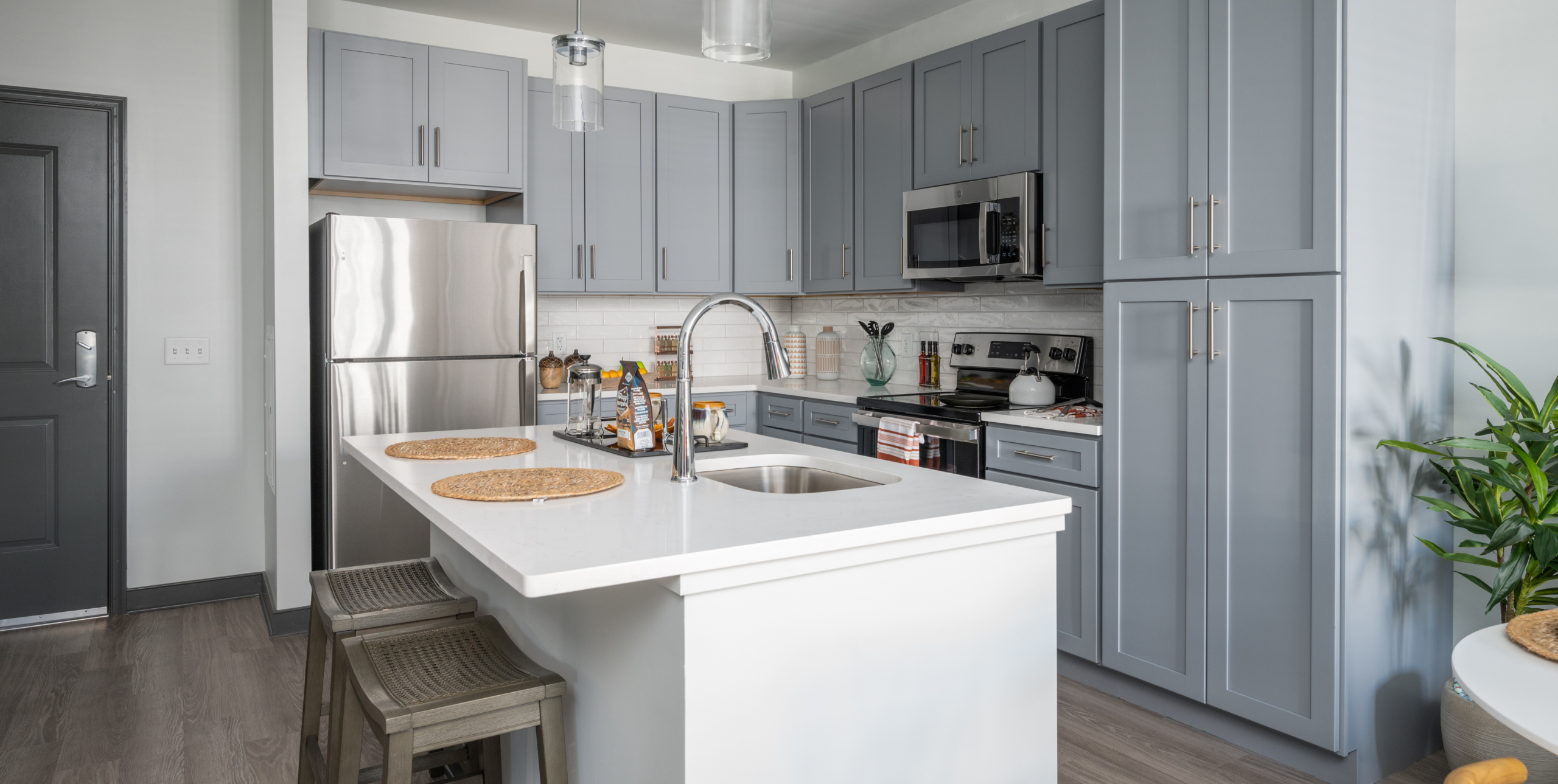 The staged kitchen in a model apartment at The Core in Ronkonkoma