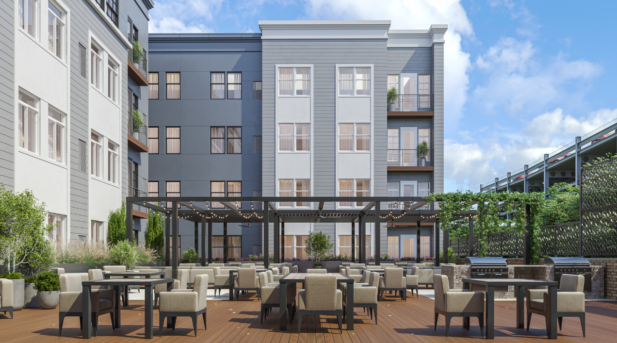 Rendering of outdoor courtyard at The Core apartments at Station Yards in Ronkonkoma