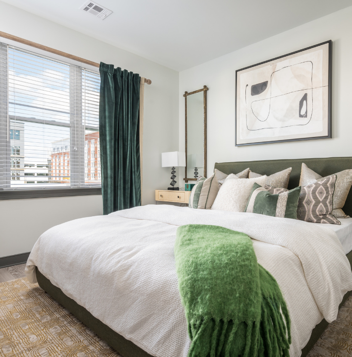 Model bedroom at The Core apartments at Station Yards