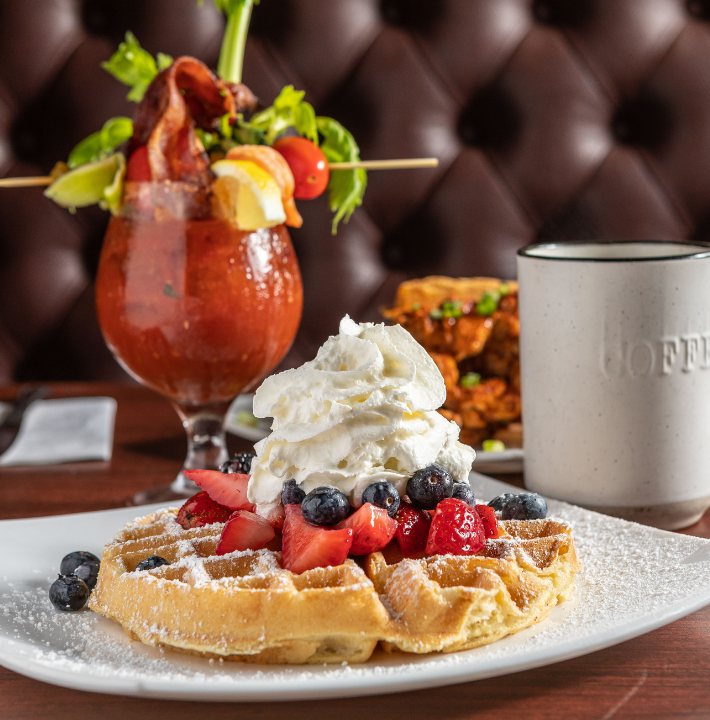 Waffle, coffee, and bloody mary from Toast
