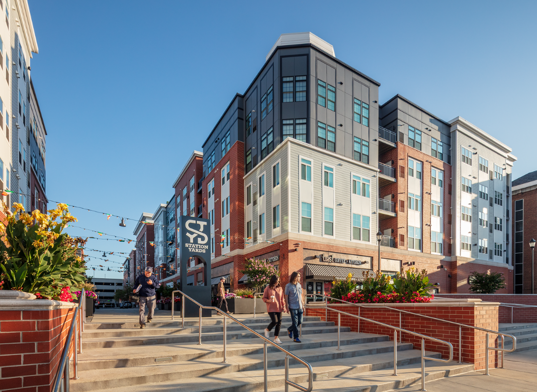 Visitors walking down the steps of Station Yards