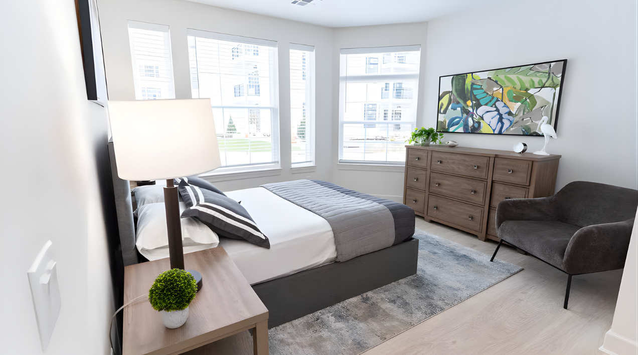 Bedroom in the model apartment at The Core