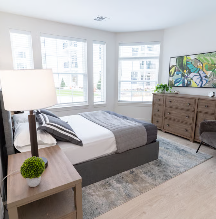 Bedroom in the model apartment at The Core