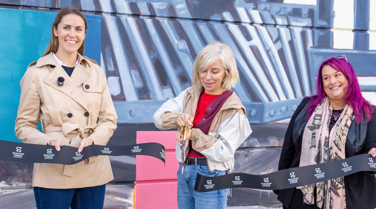 Station Yards mural ribbon cutting with Lula Goce, Meaghan Coughlan Treat, and Beth Giacummo
